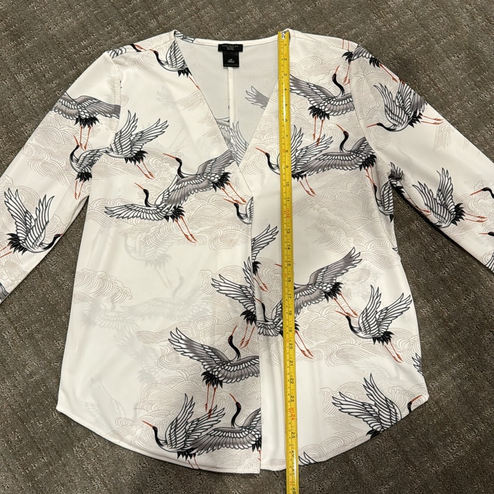 Ann Taylor Factory Flying Cranes V-neck Long-Sleeve Blouse, Size LP - Picture 6 of 10